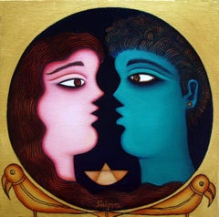 Couple, Acrylic on Canvas, Green, Pink, Yellow, Brown colours "In Stock"