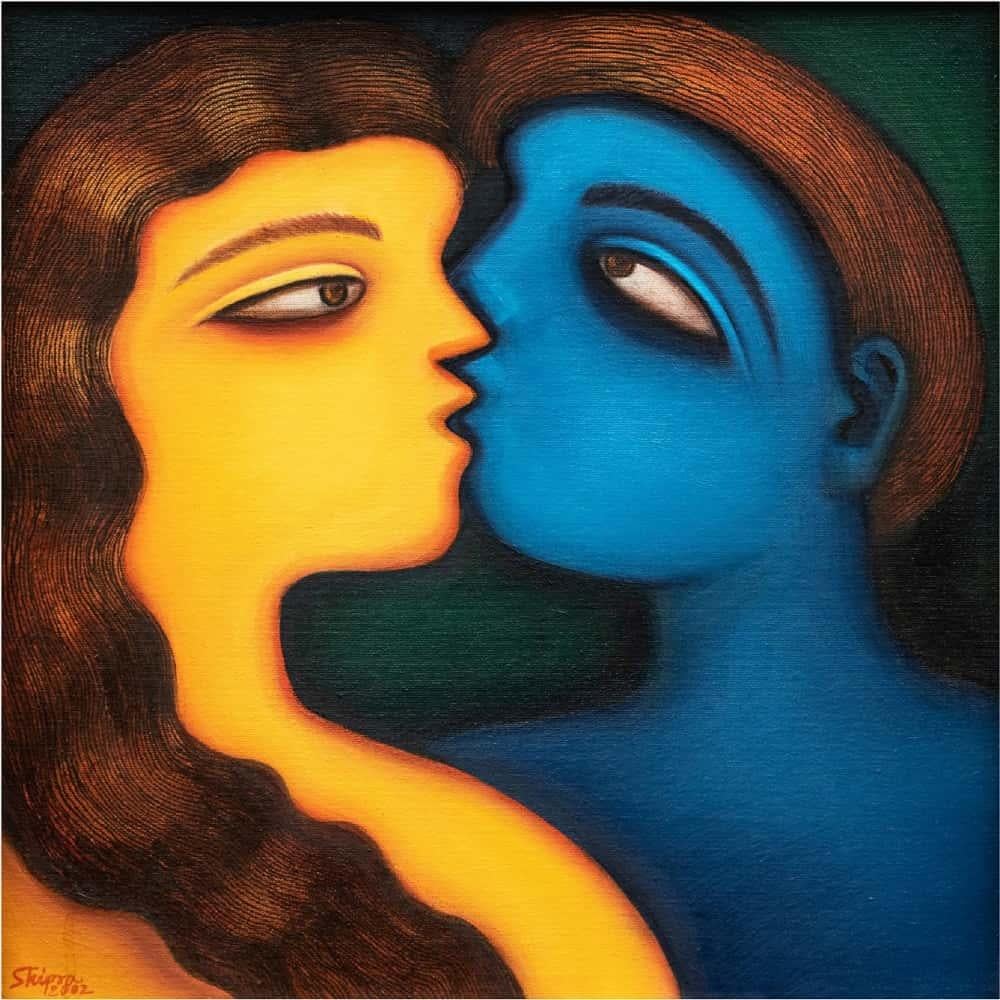 Shipra Bhattacharya Figurative Painting - Desire, Acrylic & Oil on Canvas, Yellow, Blue by Contemporary Artist"In Stock"