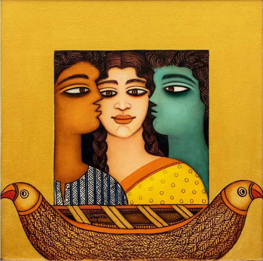Desire, acrylique et huile sur toile, jaune, marron, de l'artiste contemporain « en stock » - Mixed Media Art de Shipra Bhattacharya
