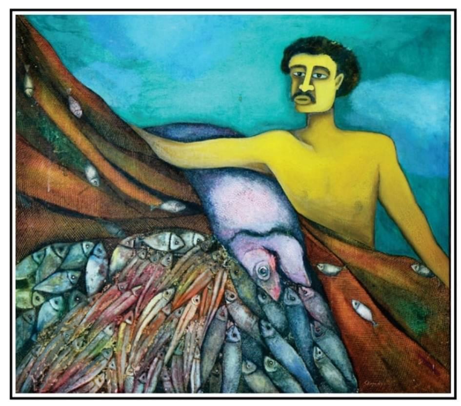 Shipra Bhattacharya Figurative Painting - Fisherman-3, Oil on Canvas, Yellow, Green, Brown, Contemporary Artist "In Stock"