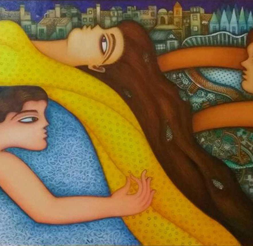 Women in Sari Over A Cityscape  Toile à l'huile acrylique jaune verte bleue, en stock - Painting de Shipra Bhattacharya