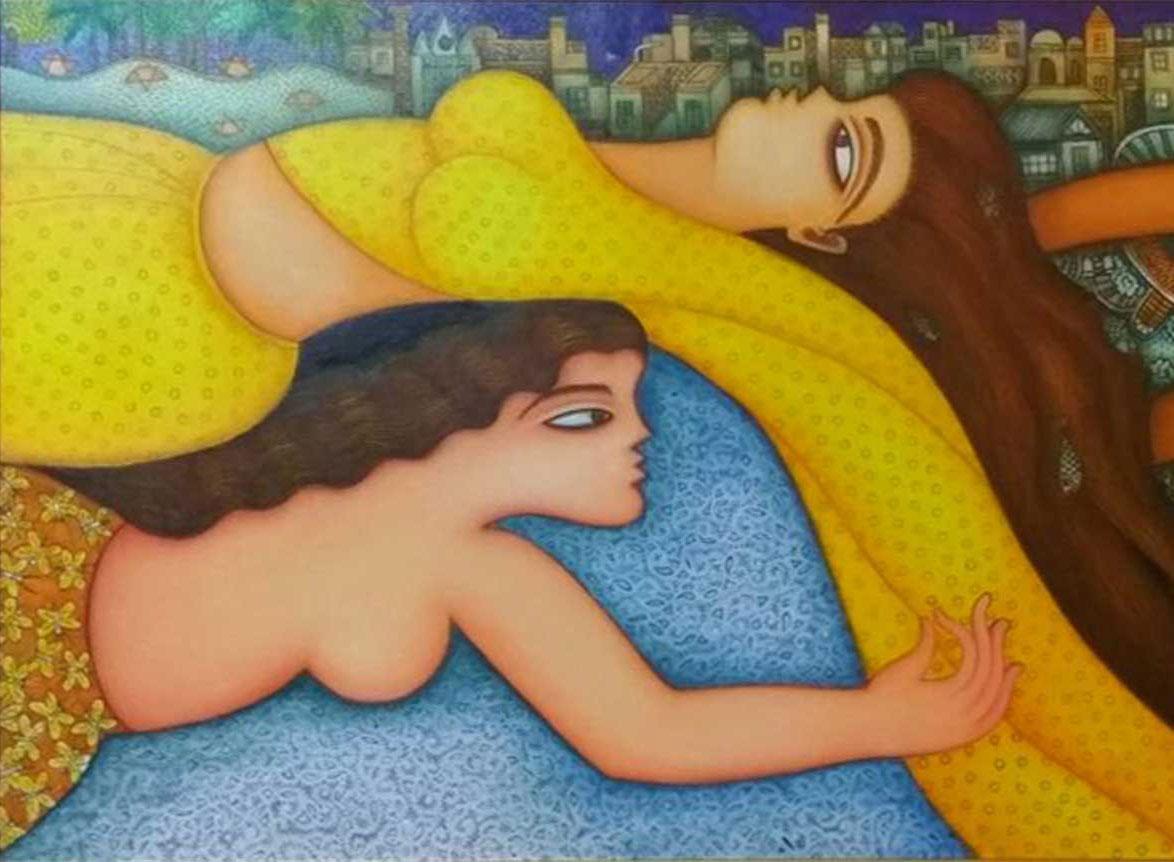 Donne in sari su un paesaggio urbano,  Giallo Verde Blu , Olio Acrilico su Tela, In magazzino - Painting Contemporaneo di Shipra Bhattacharya