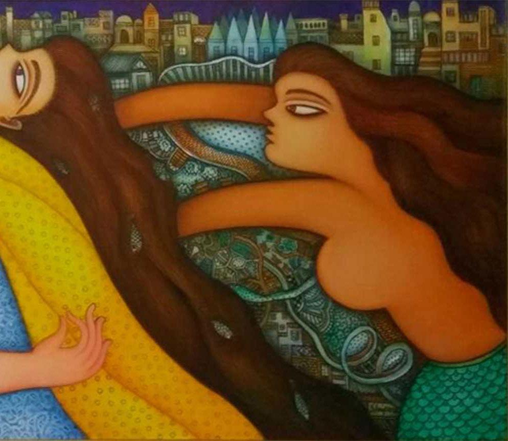 Donne in sari su un paesaggio urbano,  Giallo Verde Blu , Olio Acrilico su Tela, In magazzino - Nude Painting Marrone di Shipra Bhattacharya
