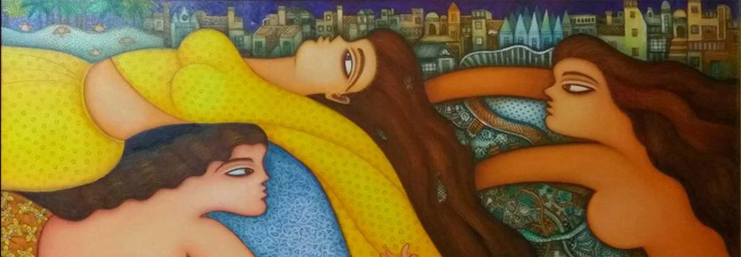 Donne in sari su un paesaggio urbano,  Giallo Verde Blu , Olio Acrilico su Tela, In magazzino in vendita 1