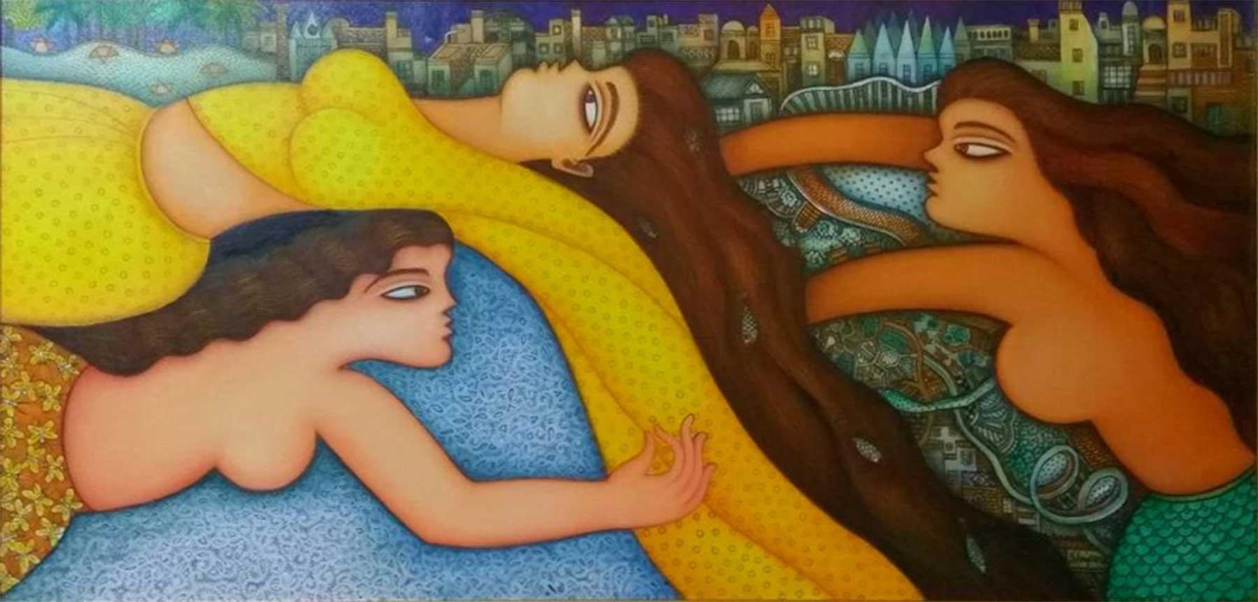 Women in Sari Over A Cityscape,  Yellow Green Blue ,Acrylic Oil Canvas, In Stock