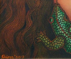 Lazo amistoso con lagarto, Acrílico sobre lienzo, Marrón, Verde, Rojo "En Stock"