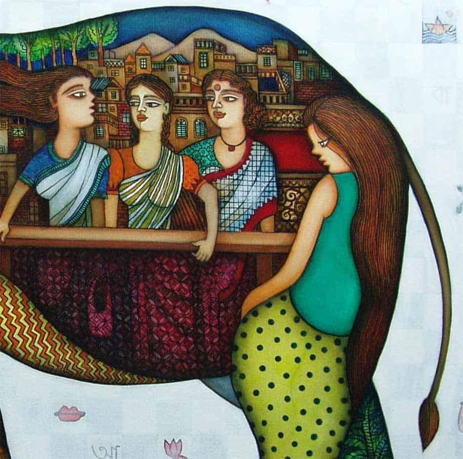 Shipra Bhattacharya  - Gaj Yatra - 40 x 50 inches (unframed size)
Oil & Acrylic on canvas
Inclusive of shipment in a roll form.

Shipra Bhattacharya's work is a feminist approach of talking about the women in the Indian context. Her works explore