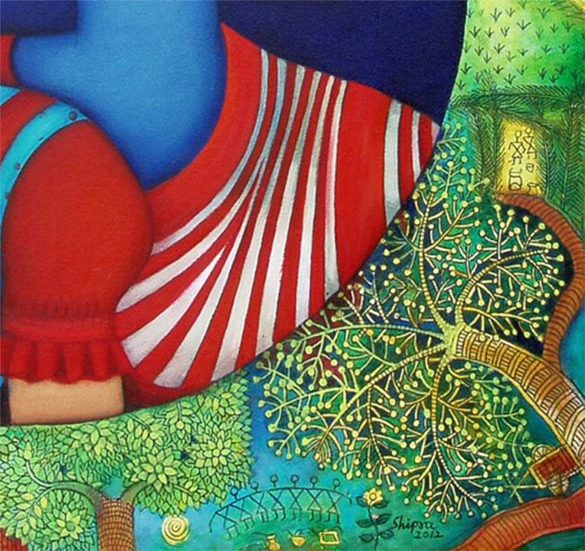 Garden of Bond, Sisters or Friends Bonding, Acryl, Rot, Gelb, Grün, „Auf Lager“ (Zeitgenössisch), Painting, von Shipra Bhattacharya