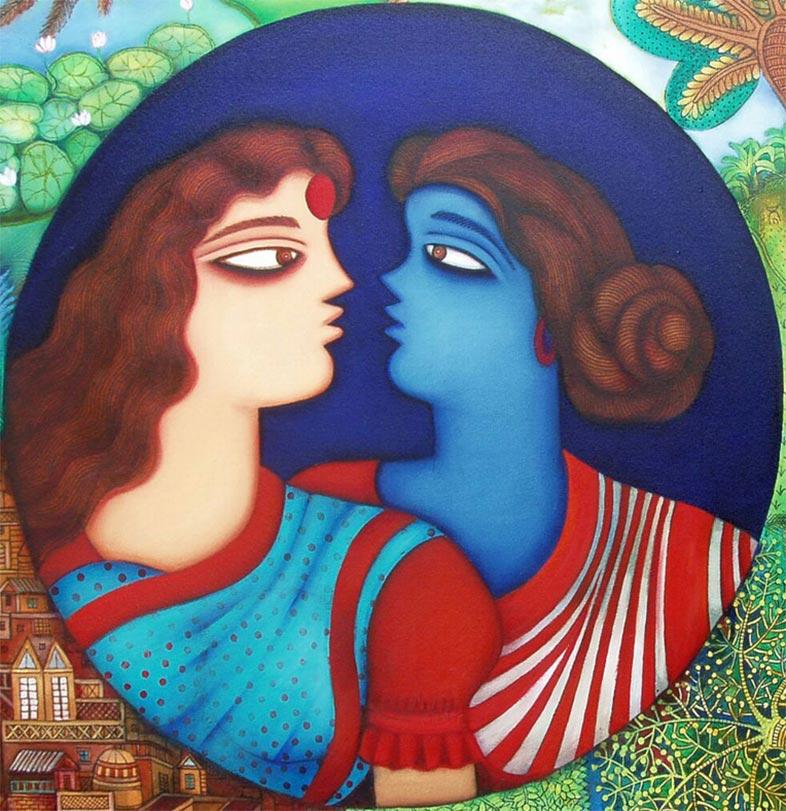 Garden of Bond, Sisters or Friends Bonding, Acryl, Rot, Gelb, Grün, „Auf Lager“ (Grau), Figurative Painting, von Shipra Bhattacharya