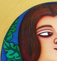 Girl in Plaits , Acrylic on Canvas, Yellow Green, Red, Blue colours "In Stock"