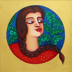 Girl in Plaits , Acrylique sur toile, vert jaune, rouge, couleurs bleues "En stock"