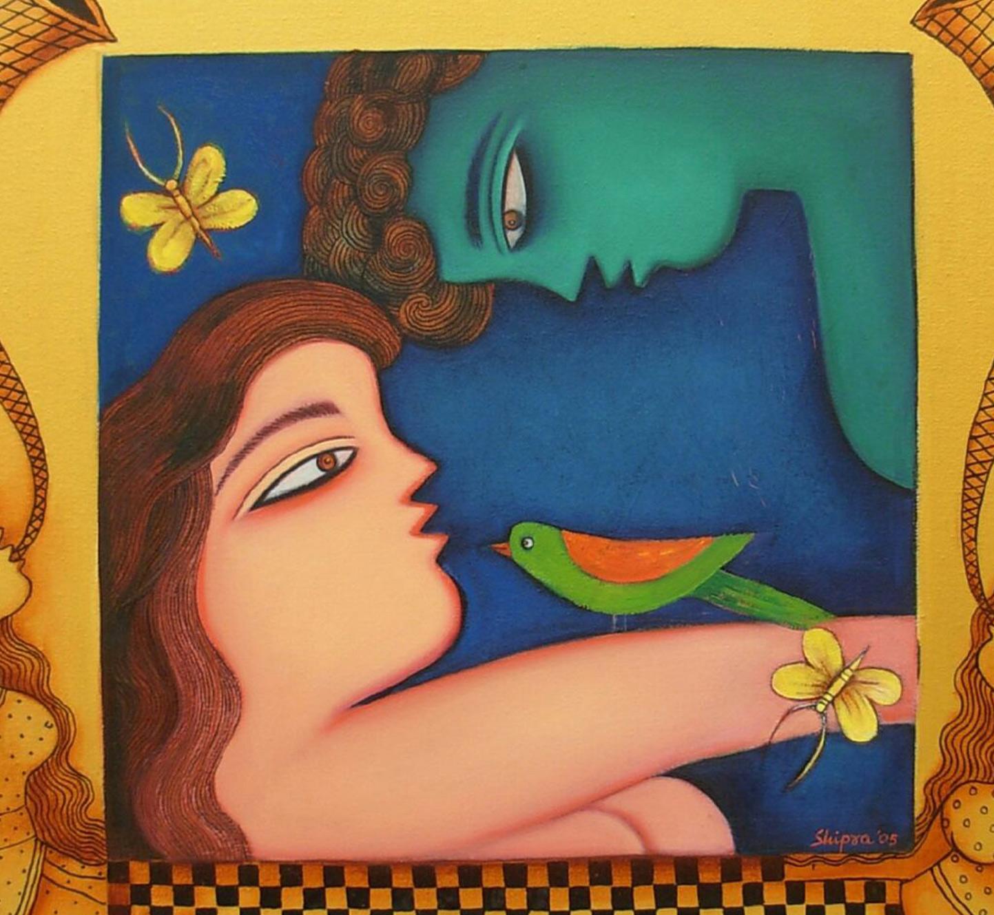 Happy Couple, Bird, Butterfly, Acrylic on canvas, Blue, Green, Brown 