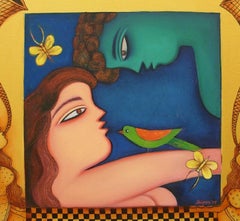 Happy Couple, Bird, Butterfly, Acrylic on canvas, Blue, Green, Brown "In Stock"