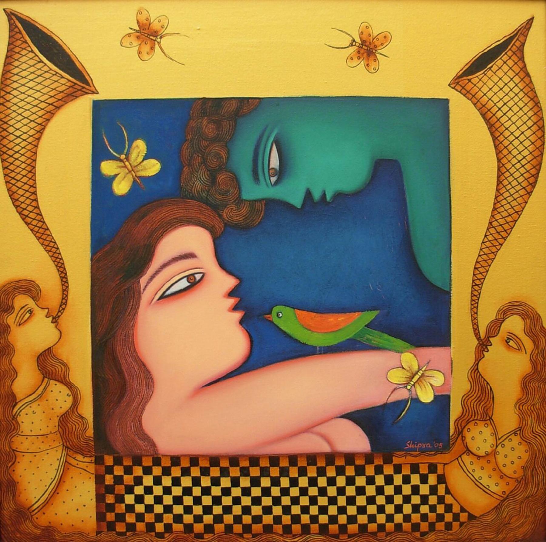 Happy Couple, Bird, Butterfly, Acrylic on canvas, Blue, Green, Brown "In Stock"