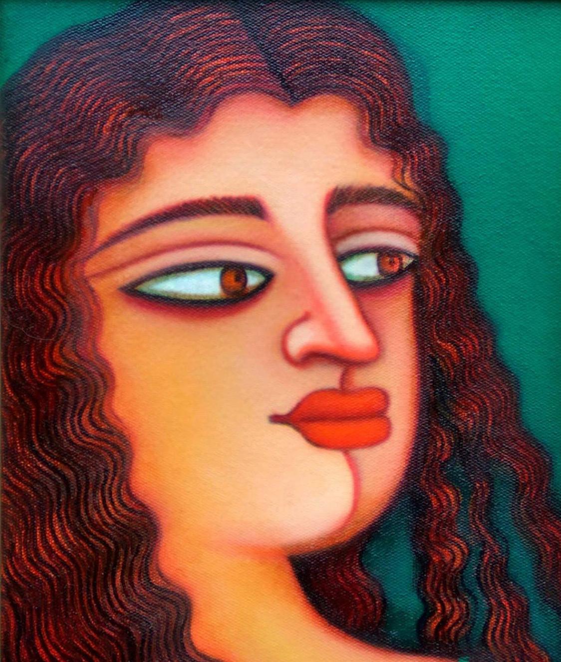 Indian Women, Acrylic on canvas, Red, Green, Brown by Indian Artist 