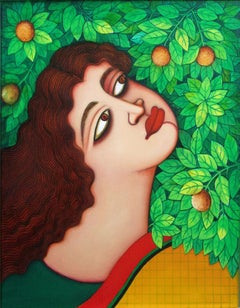 Large-eyed, sensuous red lipped woman; amidst flora-fauna foliage and garden