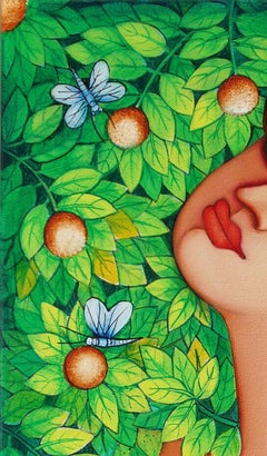 Large eyes women in flower garden wearing a green, red saree by Indian Artist