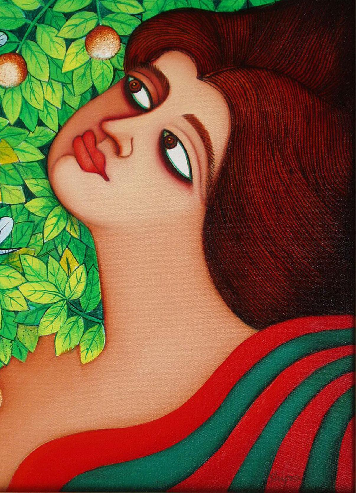 Large eyes women in flower garden wearing a green, red saree by Indian Artist - Black Landscape Painting by Shipra Bhattacharya