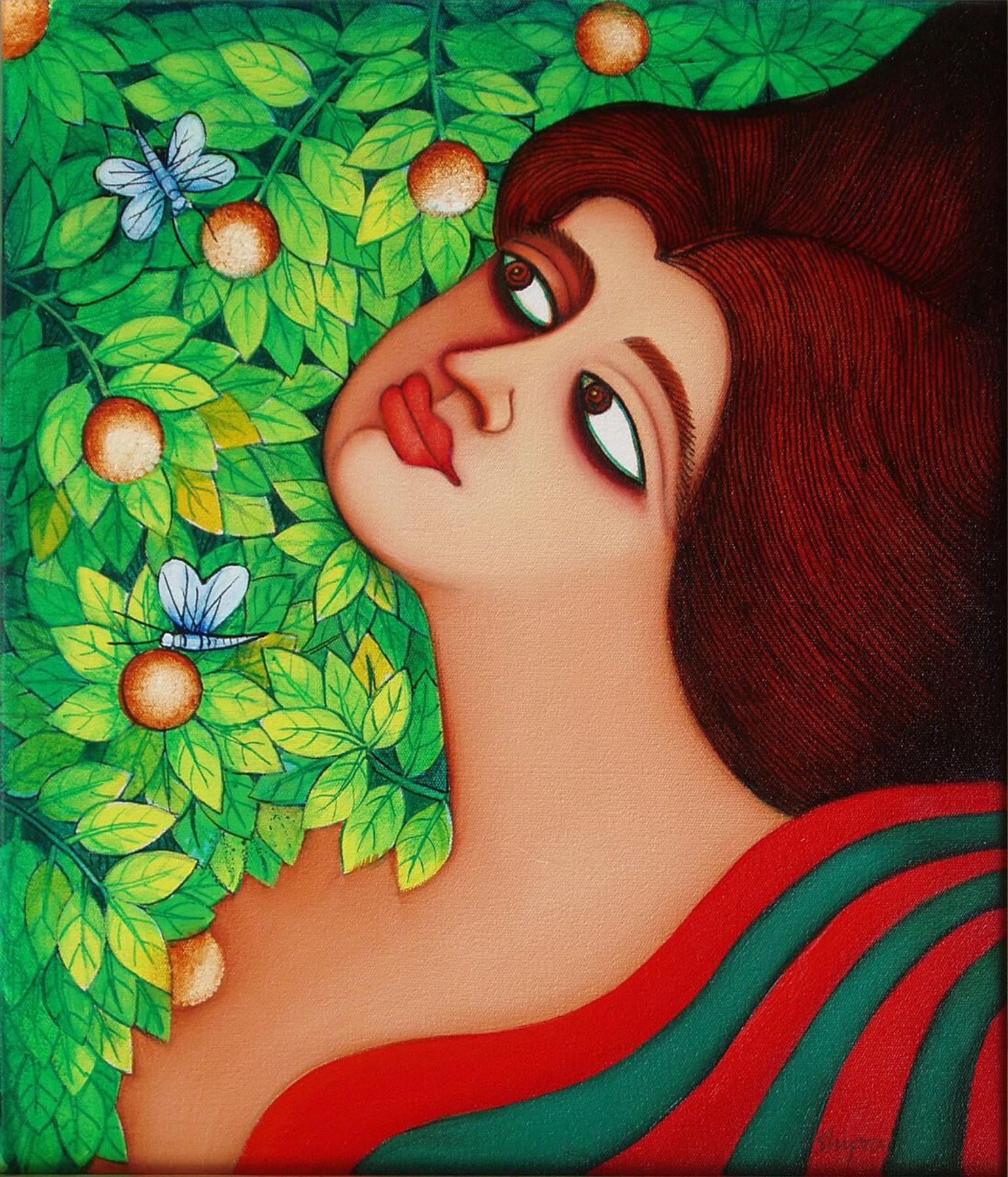 Shipra Bhattacharya Landscape Painting - Large eyes women in flower garden wearing a green, red saree by Indian Artist