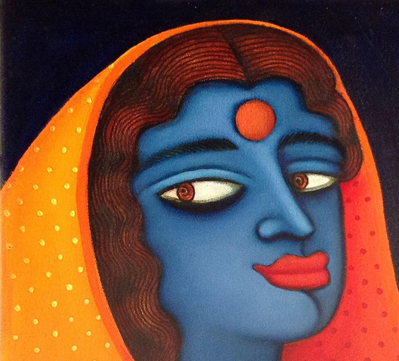 Maya, Blue Women in Orange, Red Saree, Acrylic, Oil by Indian Artist 