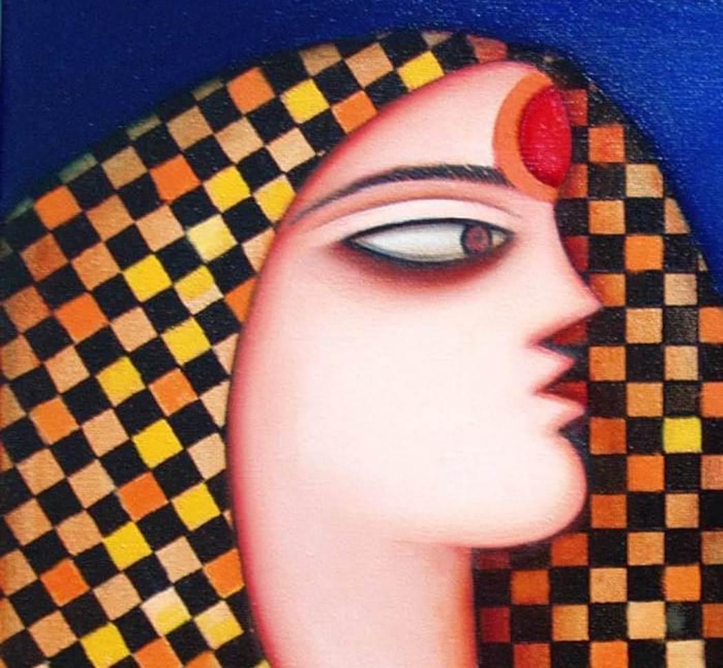 Mother & Child, Indian, Acrylic on Canvas, Red, Blue, Brown colors 