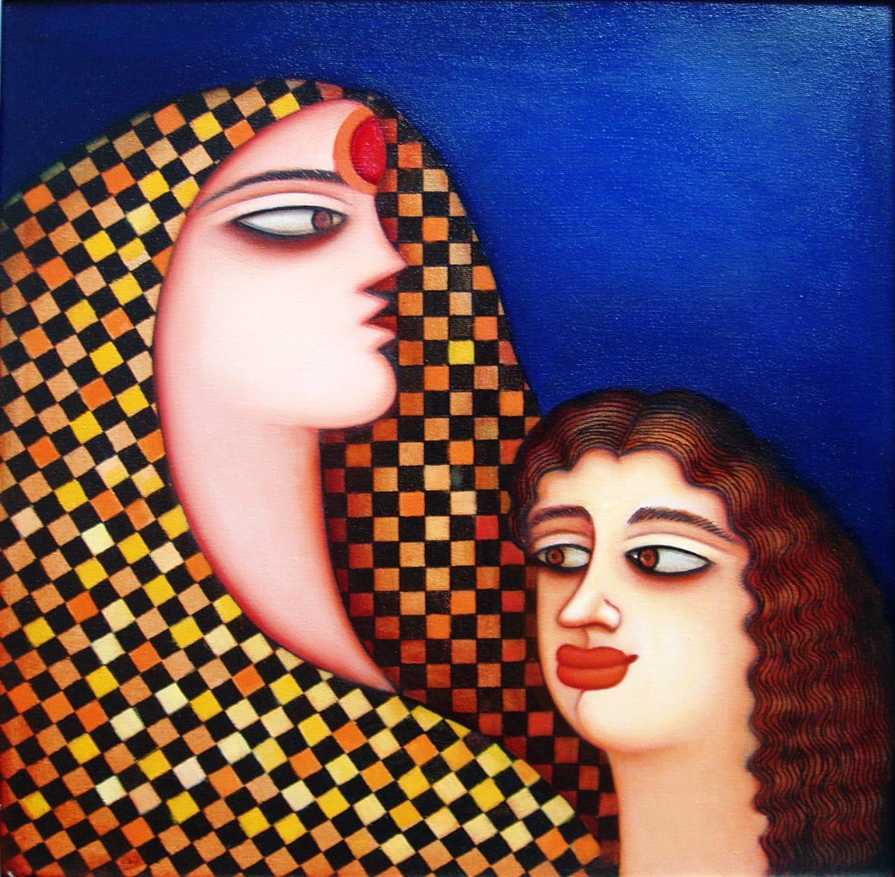 Shipra Bhattacharya Portrait Painting - Mother & Child, Indian, Acrylic on Canvas, Red, Blue, Brown colors "In Stock"