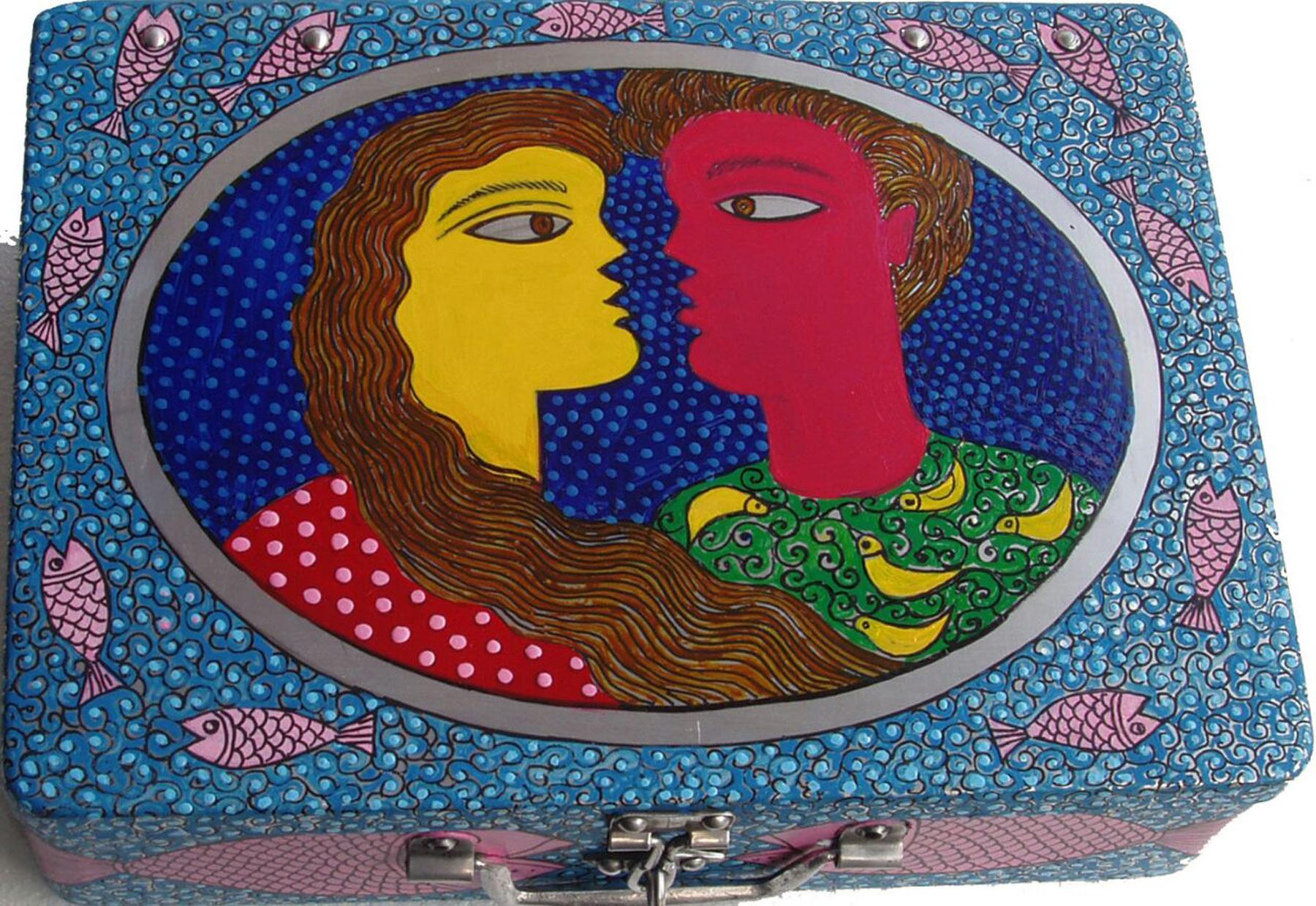 Couple, Painting, Aluminium Box, Acrylic, Blue, Red, Yellow, Pink 