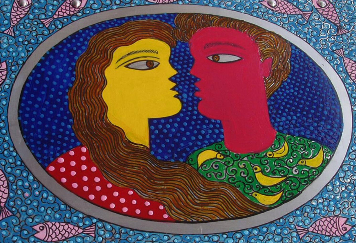 Couple, Painting, Aluminium Box, Acrylic, Blue, Red, Yellow, Pink 