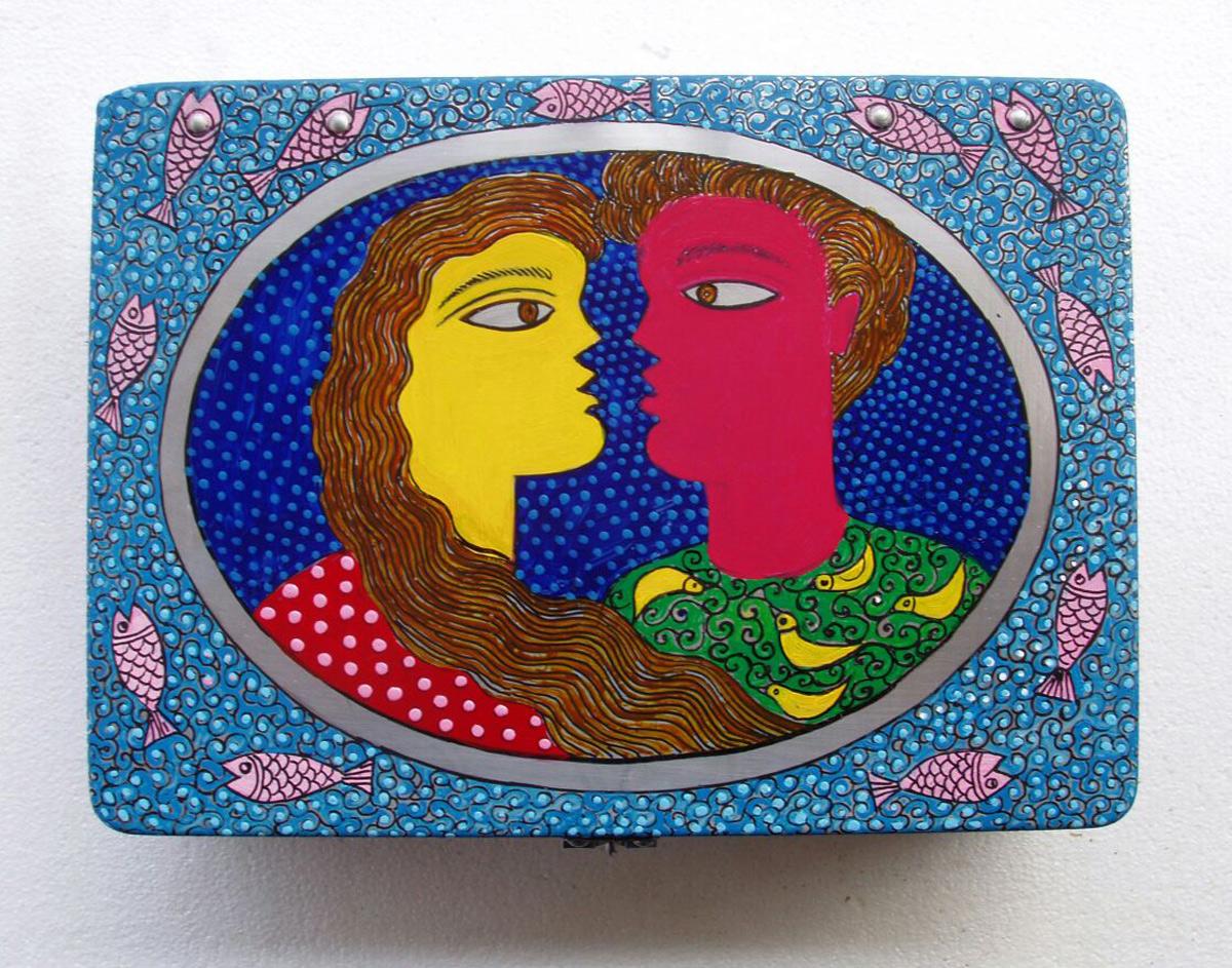 Shipra Bhattacharya Figurative Painting - Couple, Painting, Aluminium Box, Acrylic, Blue, Red, Yellow, Pink "In Stock"