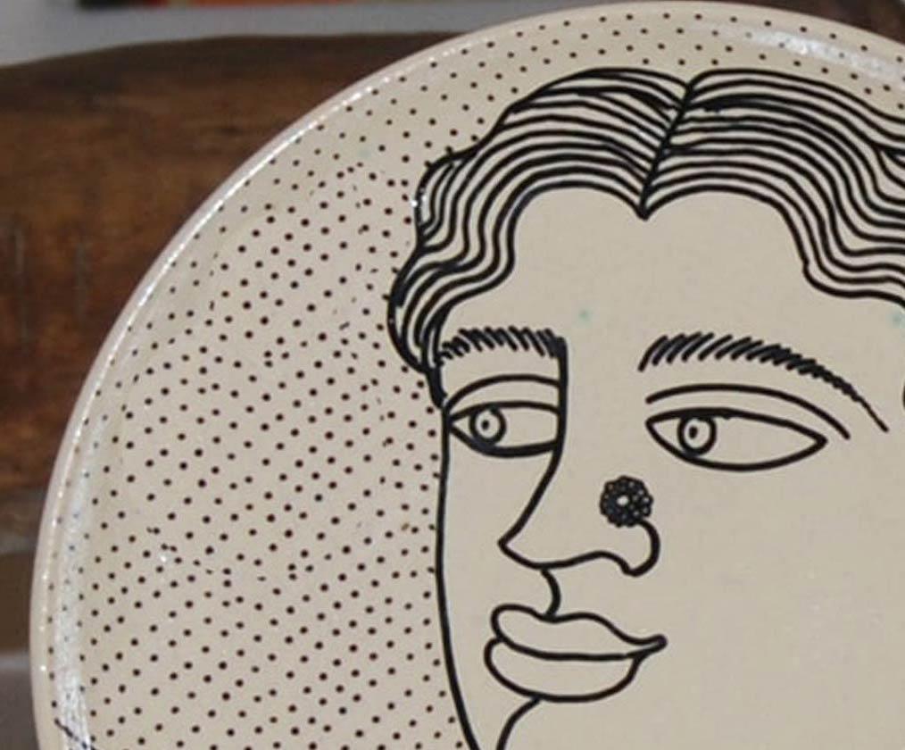 Portrait of an Indian Woman, Ink on Ceramic Plate by Indian Artist 