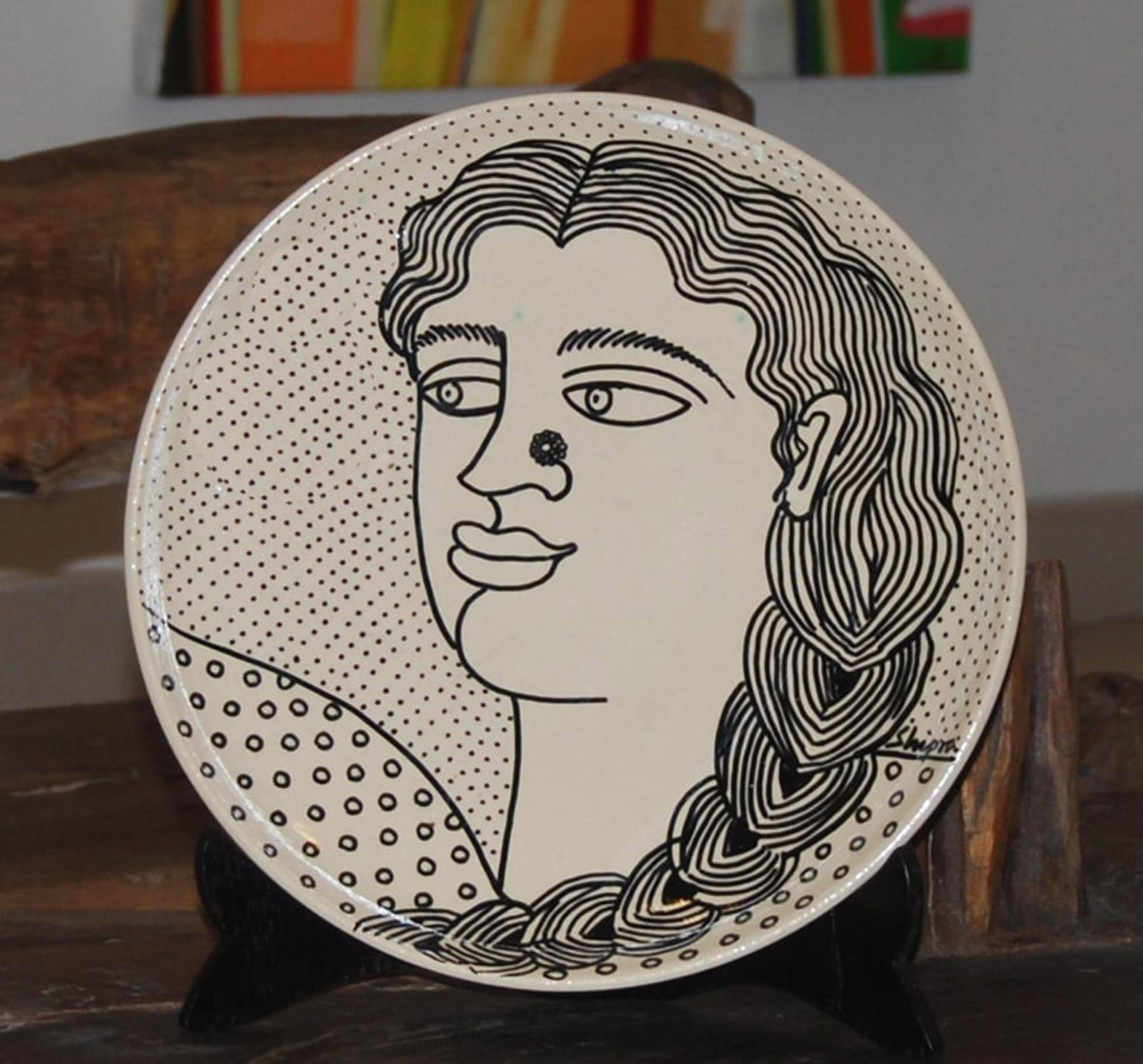 Shipra Bhattacharya Portrait Painting - Portrait of an Indian Woman, Ink on Ceramic Plate by Indian Artist "In Stock"