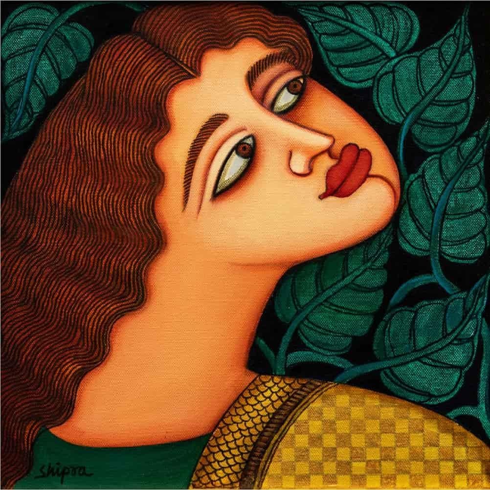 Elle, Acrylique & Huile sur Toile, Orange, Vert par Artiste Contemporain "En Stock" - Mixed Media Art de Shipra Bhattacharya