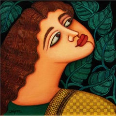 She, Acrylic & Oil on Canvas, Orange, Green by Contemporary Artist "In Stock"