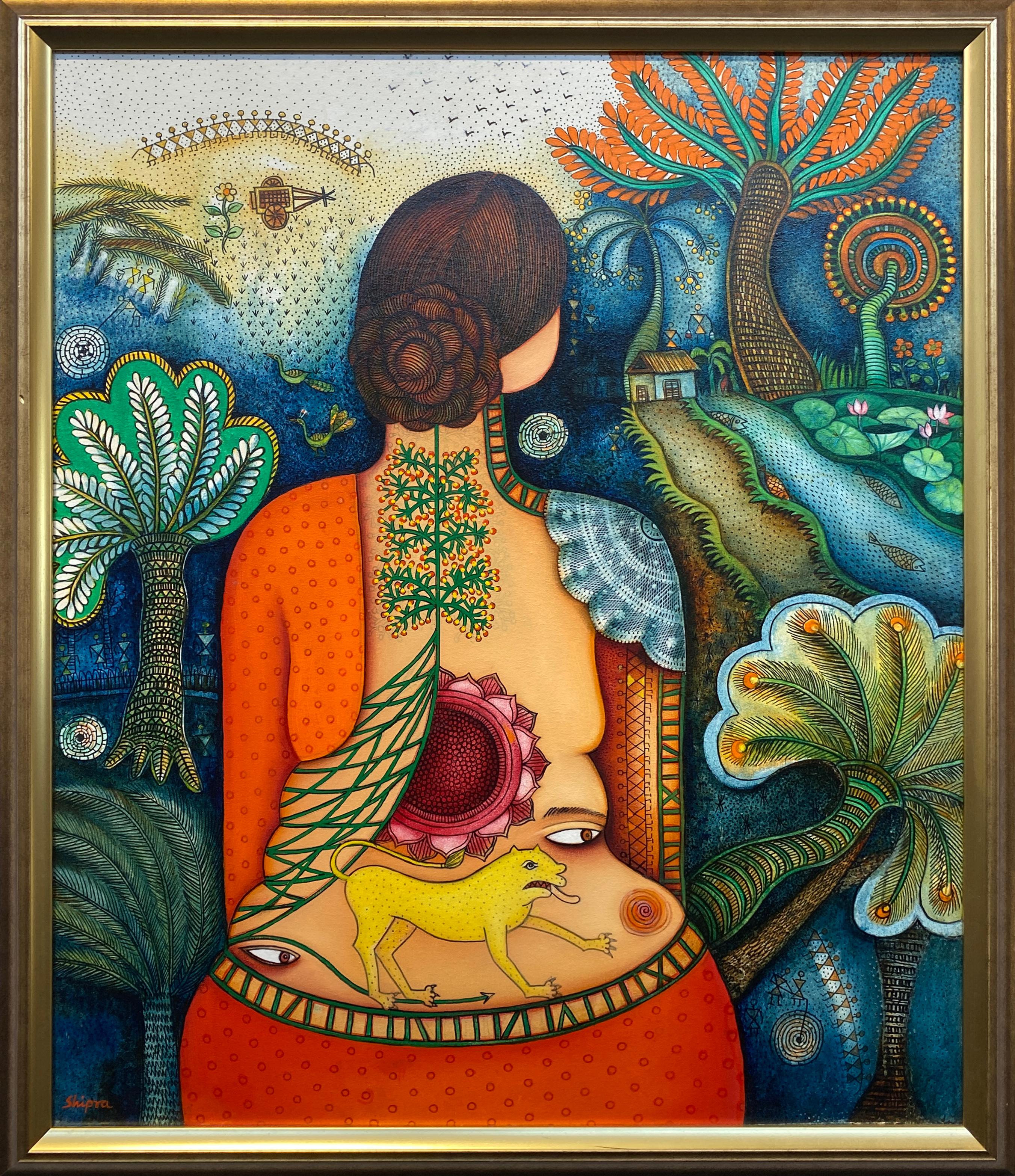She, exotic forms - Contemporary Painting by Shipra Bhattacharya