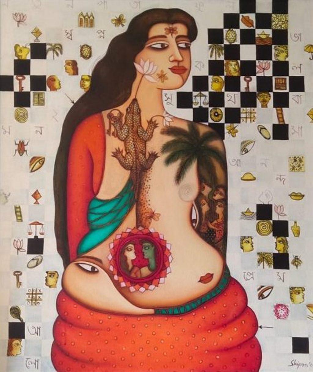 Figurative Painting Shipra Bhattacharya - She-I, huile sur toile, orange, noir, vert, de l'artiste contemporain « en stock »