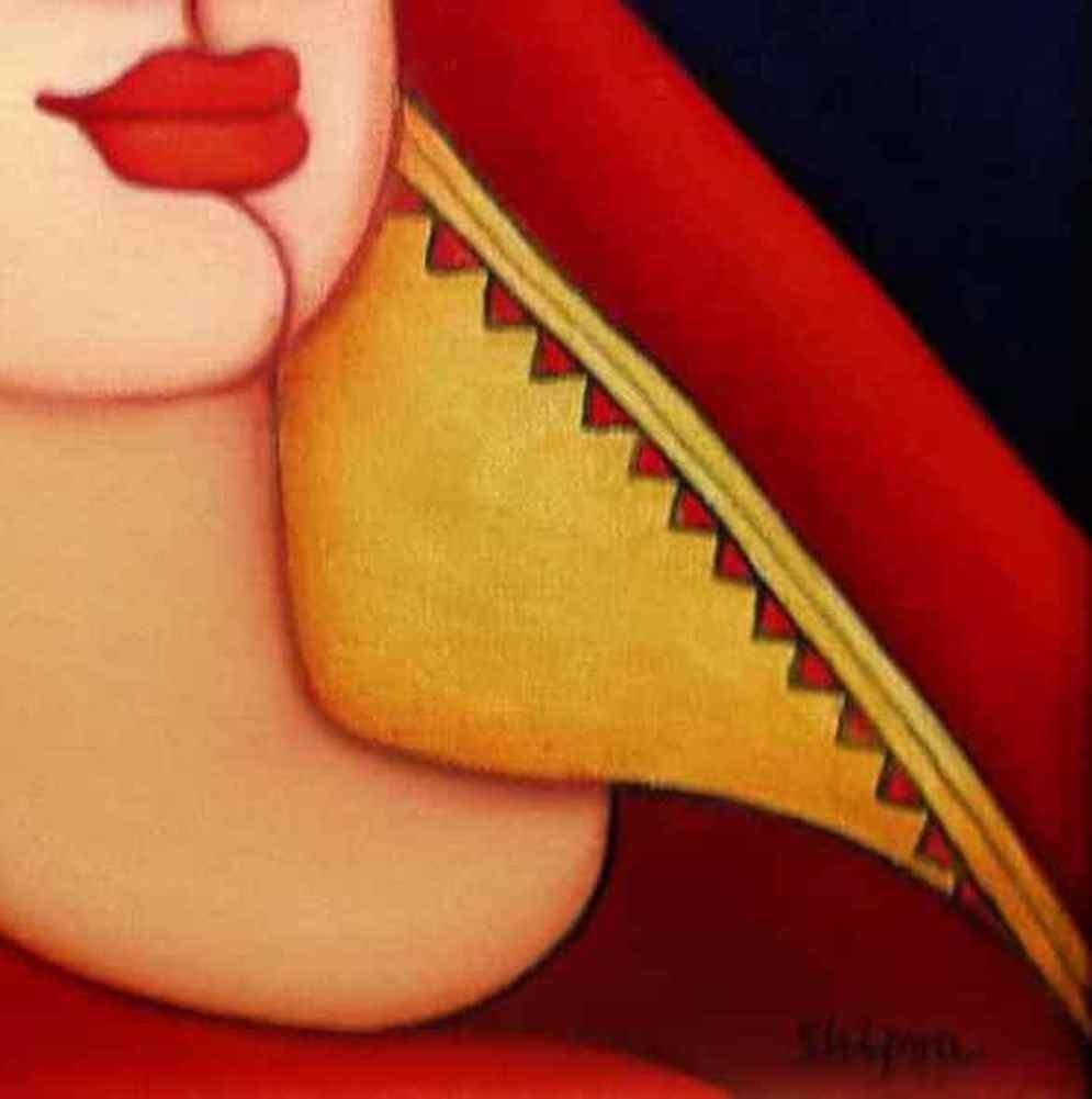 Woman in a Saree & Red Bindi , Acrylic on Canvas, Red, Blue Colours  