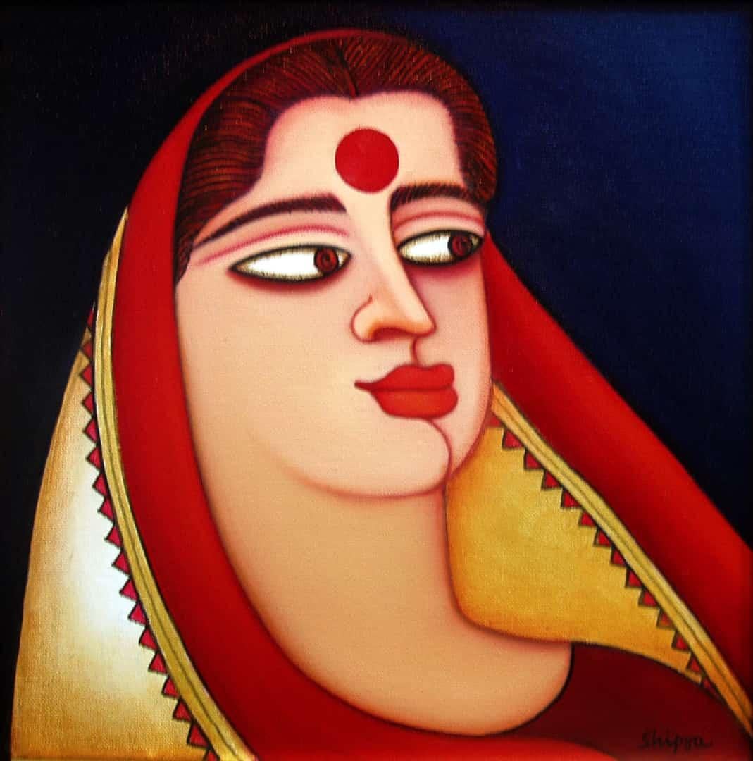 Shipra Bhattacharya Portrait Painting - Woman in a Saree & Red Bindi , Acrylic on Canvas, Red, Blue Colours  "In Stock"
