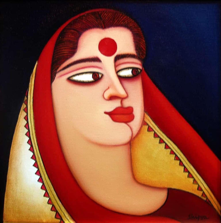 Shipra Bhattacharya Woman In A Saree And Red Bindi Acrylic On