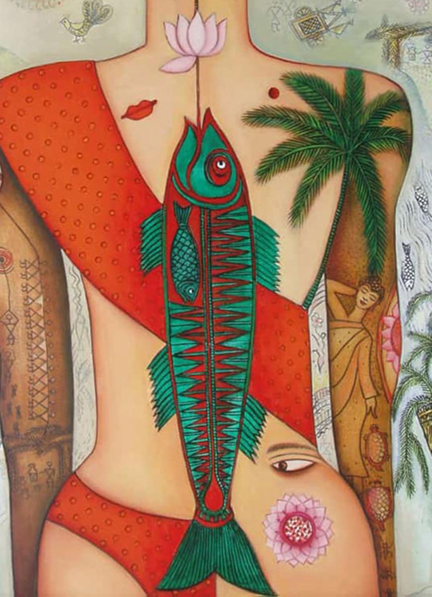 Women, Acrylic on canvas, Red, Green, Pink, Brown by Indian Artist 