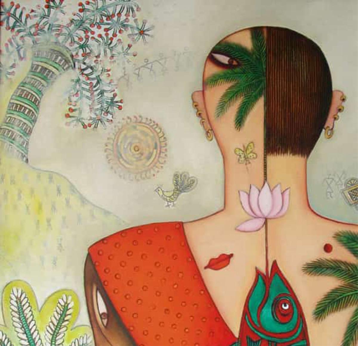 Women, Acrylic on canvas, Red, Green, Pink, Brown by Indian Artist 