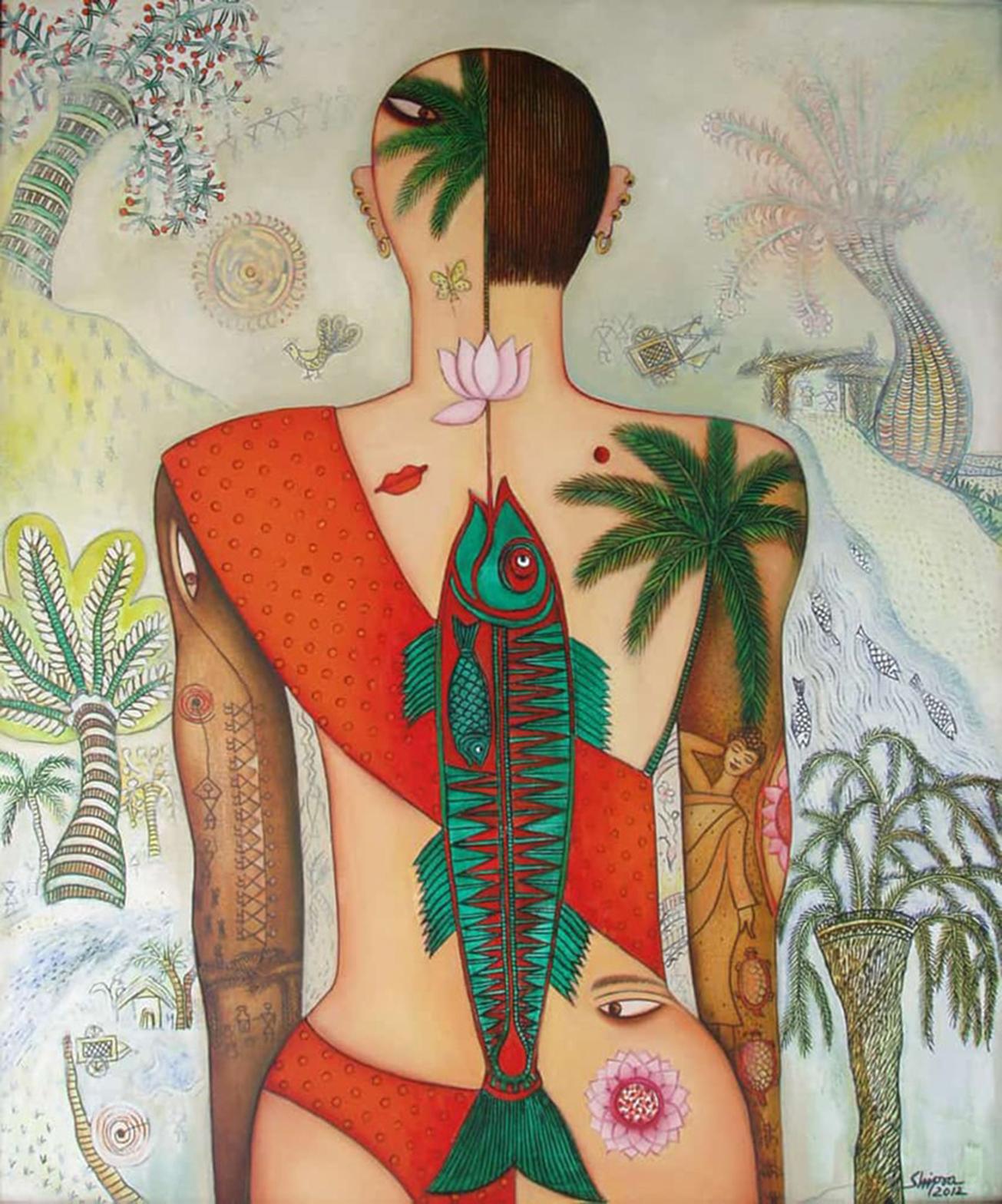 Shipra Bhattacharya Figurative Painting - Women, Acrylic on canvas, Red, Green, Pink, Brown by Indian Artist "In Stock"