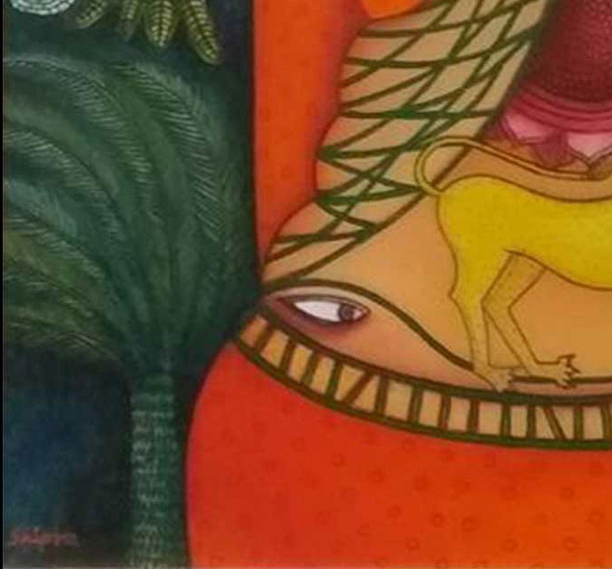 She, Acrylic, Oil on Canvas, Red, Yellow, Brown, Green by Indian Artist