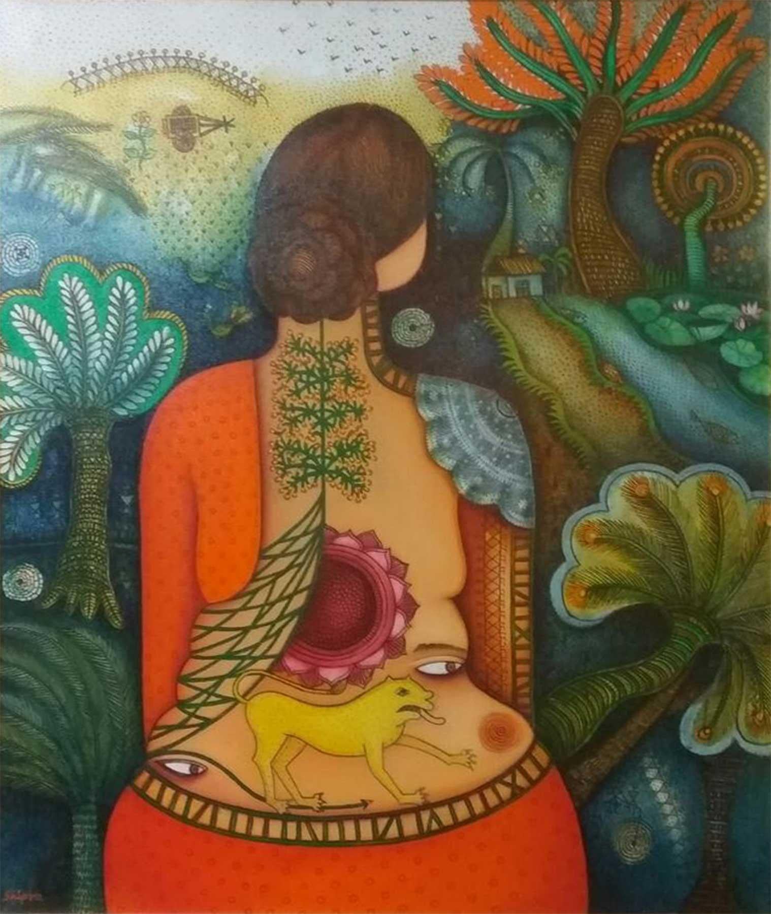 Shipra Bhattacharya Figurative Painting - She, Acrylic, Oil on Canvas, Red, Yellow, Brown, Green by Indian Artist"In Stock"