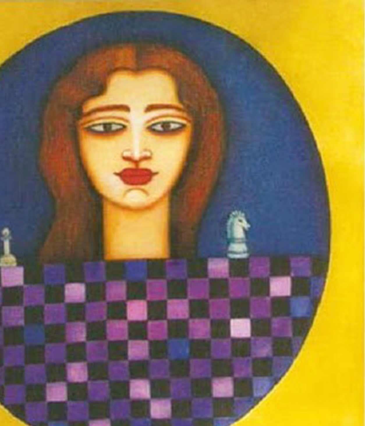 Women, Chess, Acrylic on canvas, Blue, Yellow, Brown by Indian Artist 