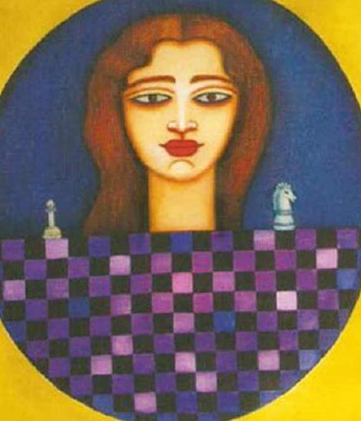 Women, Chess, Acrylic on canvas, Blue, Yellow, Brown by Indian Artist 