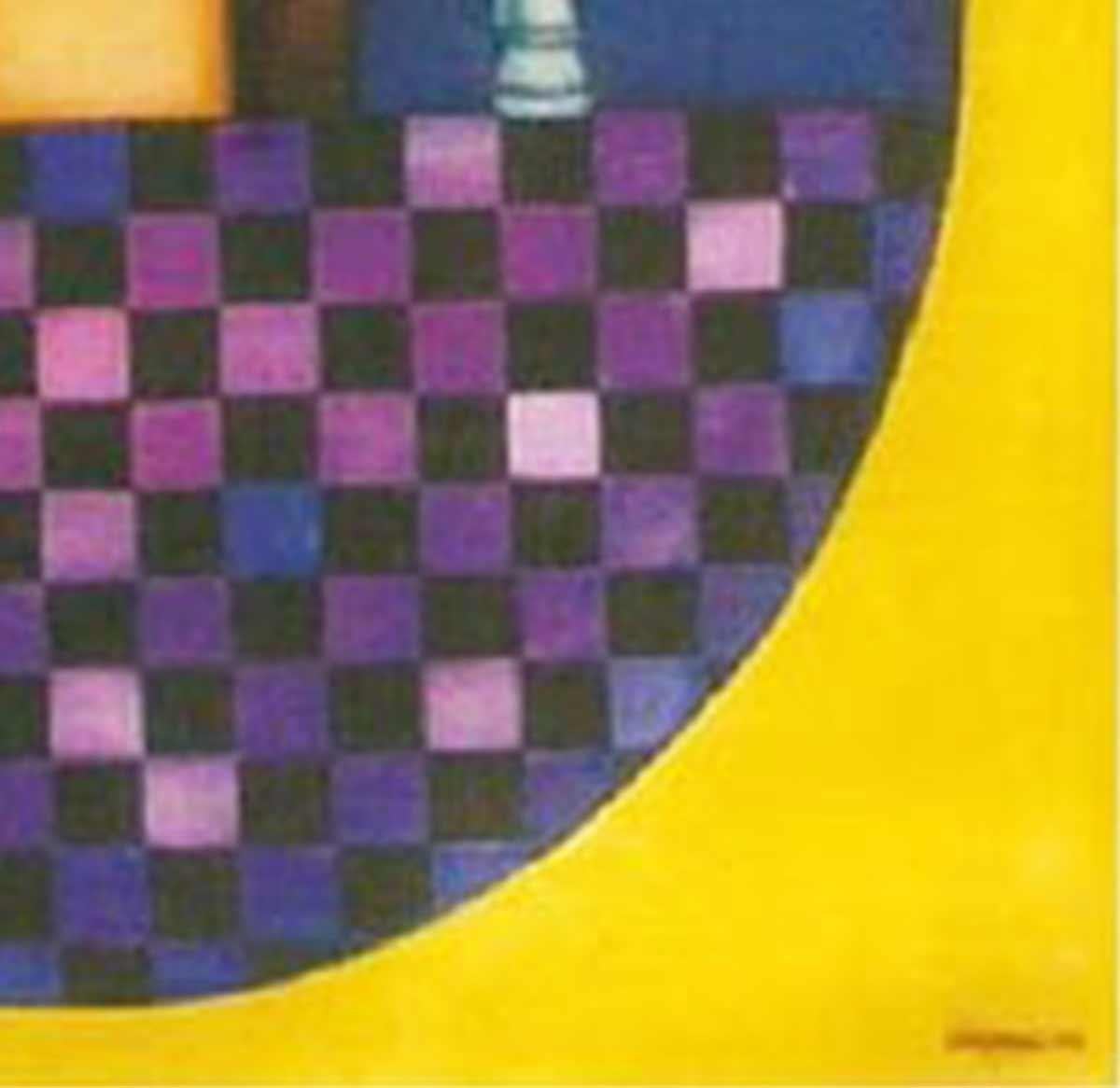 Women, Chess, Acrylic on canvas, Blue, Yellow, Brown by Indian Artist 
