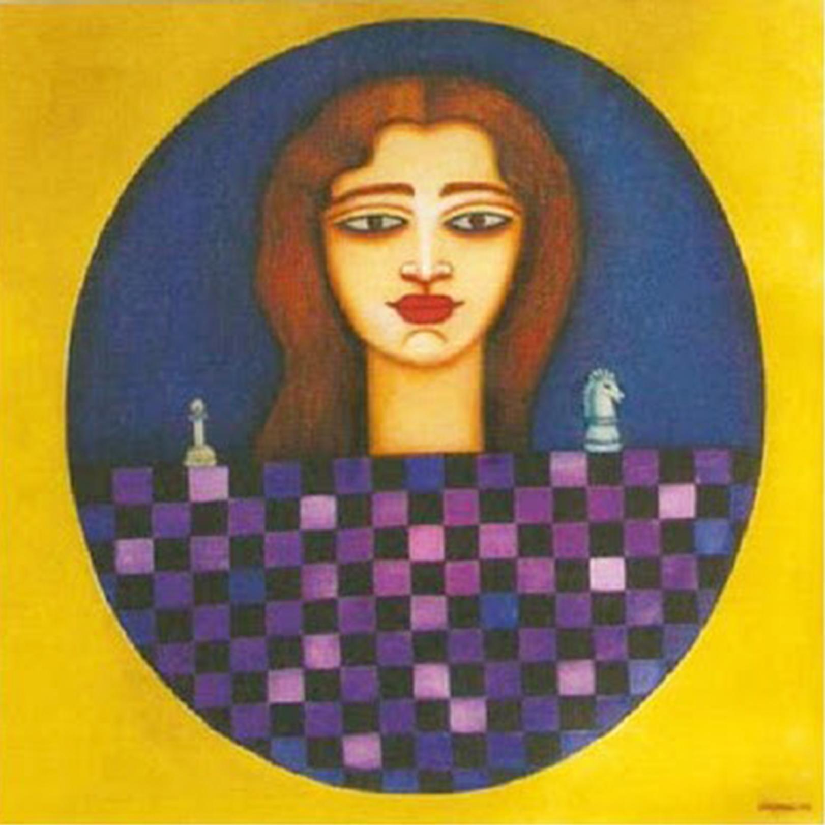 Shipra Bhattacharya Figurative Painting - Women, Chess, Acrylic on canvas, Blue, Yellow, Brown by Indian Artist "In Stock"