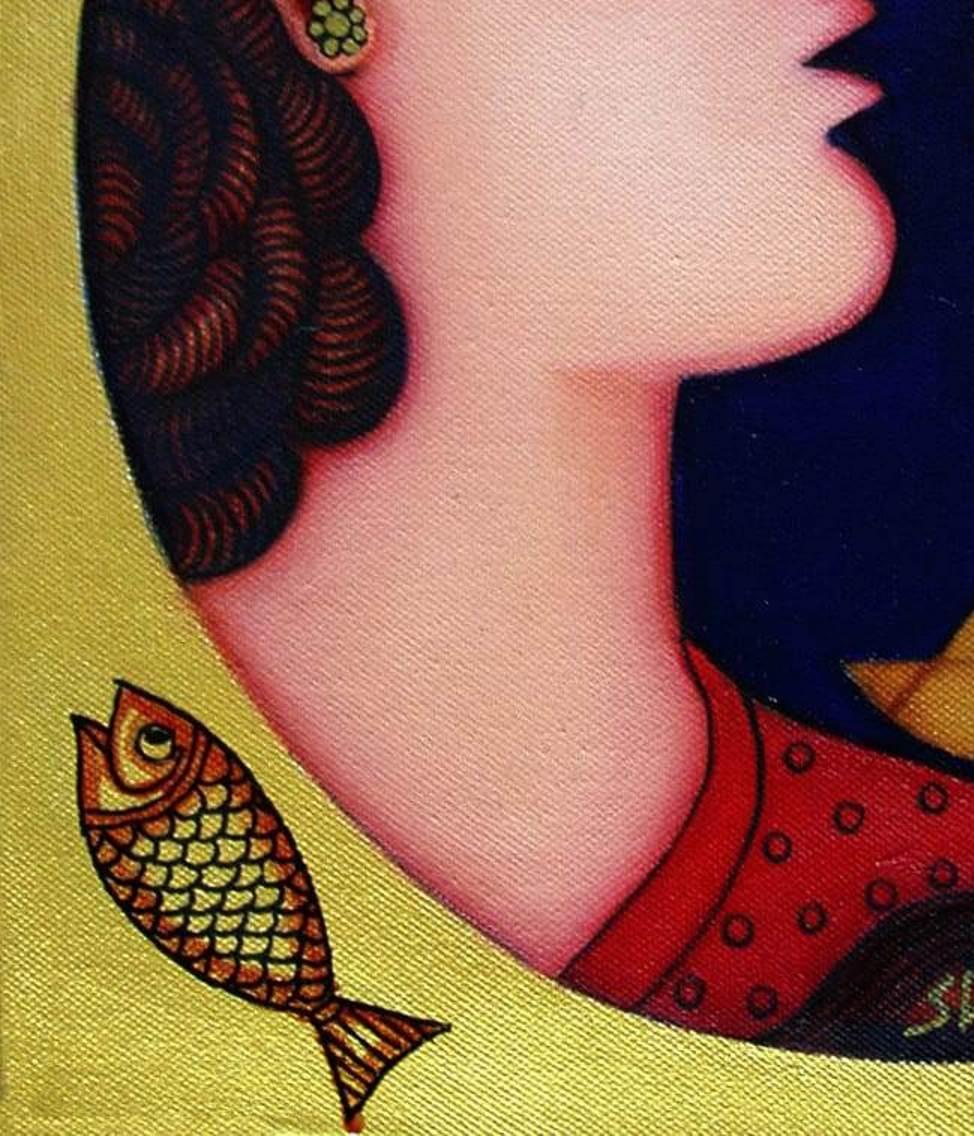 Women & Fishes , Acrylic on Canvas, Red, Yellow, Blue Colours  