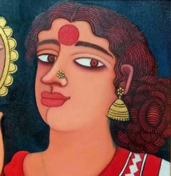 Women looking at Mirror, Acrylic & Oil on canvas, Red, Yellow, Brown "In Stock"