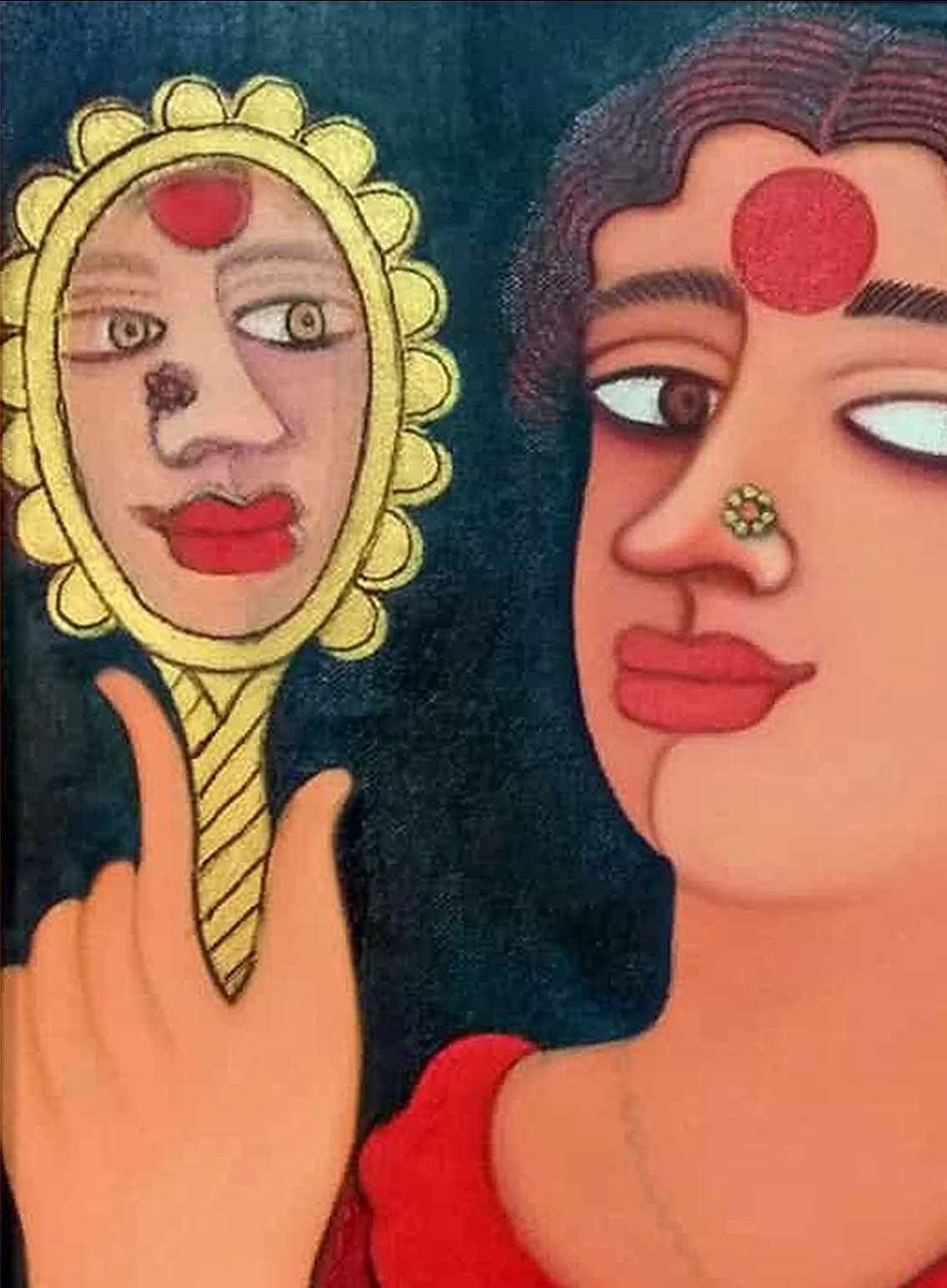 Women looking at Mirror, Acrylic & Oil on canvas, Red, Yellow, Brown 